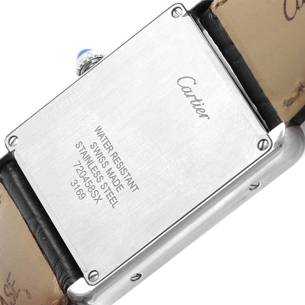 The image shows the back side of the Cartier Tank Solo W1018355 Stainless Steel Silver Dial W1018355 Stainless Steel Silver Dial watch, highlighting the caseback details and part of the strap.