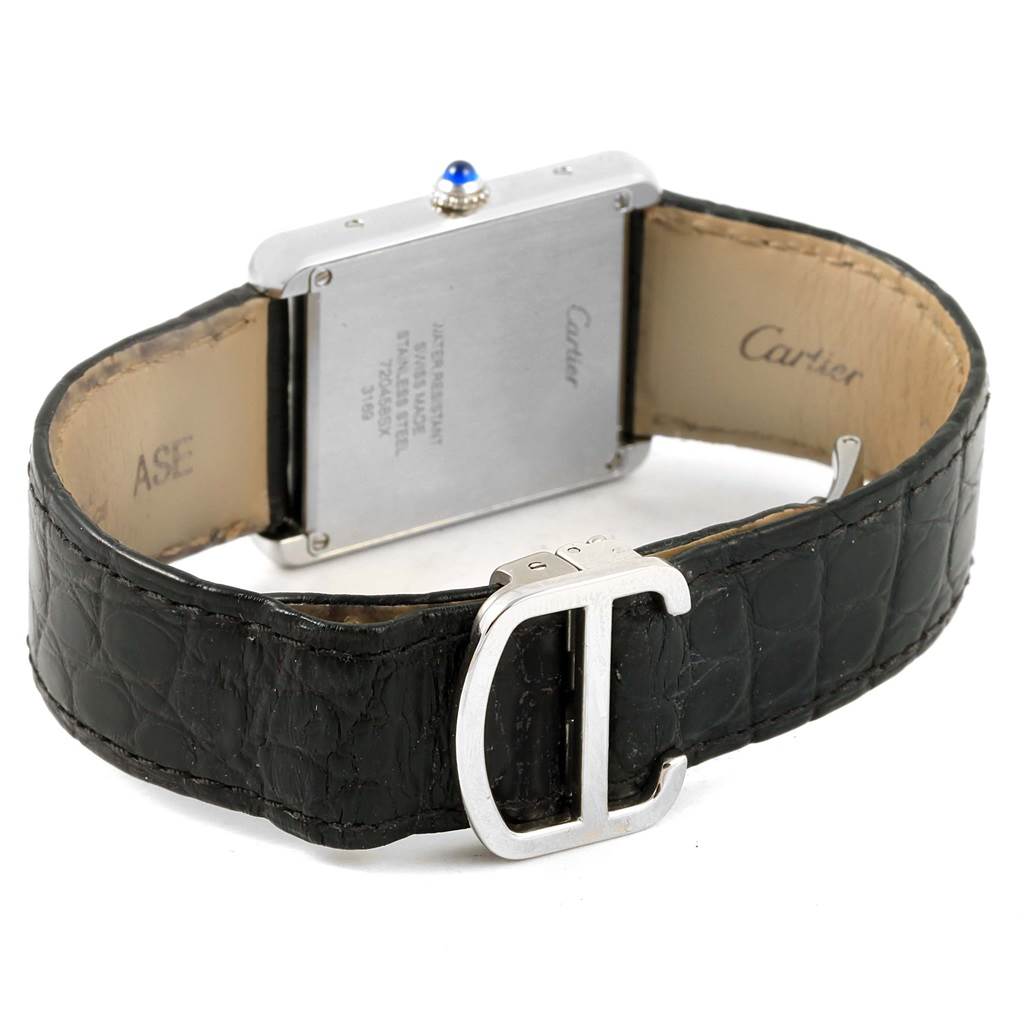 The image shows the back and strap of the Cartier Tank Solo W1018355 Stainless Steel Silver Dial W1018355 Stainless Steel Silver Dial watch, highlighting its clasp and leather band.