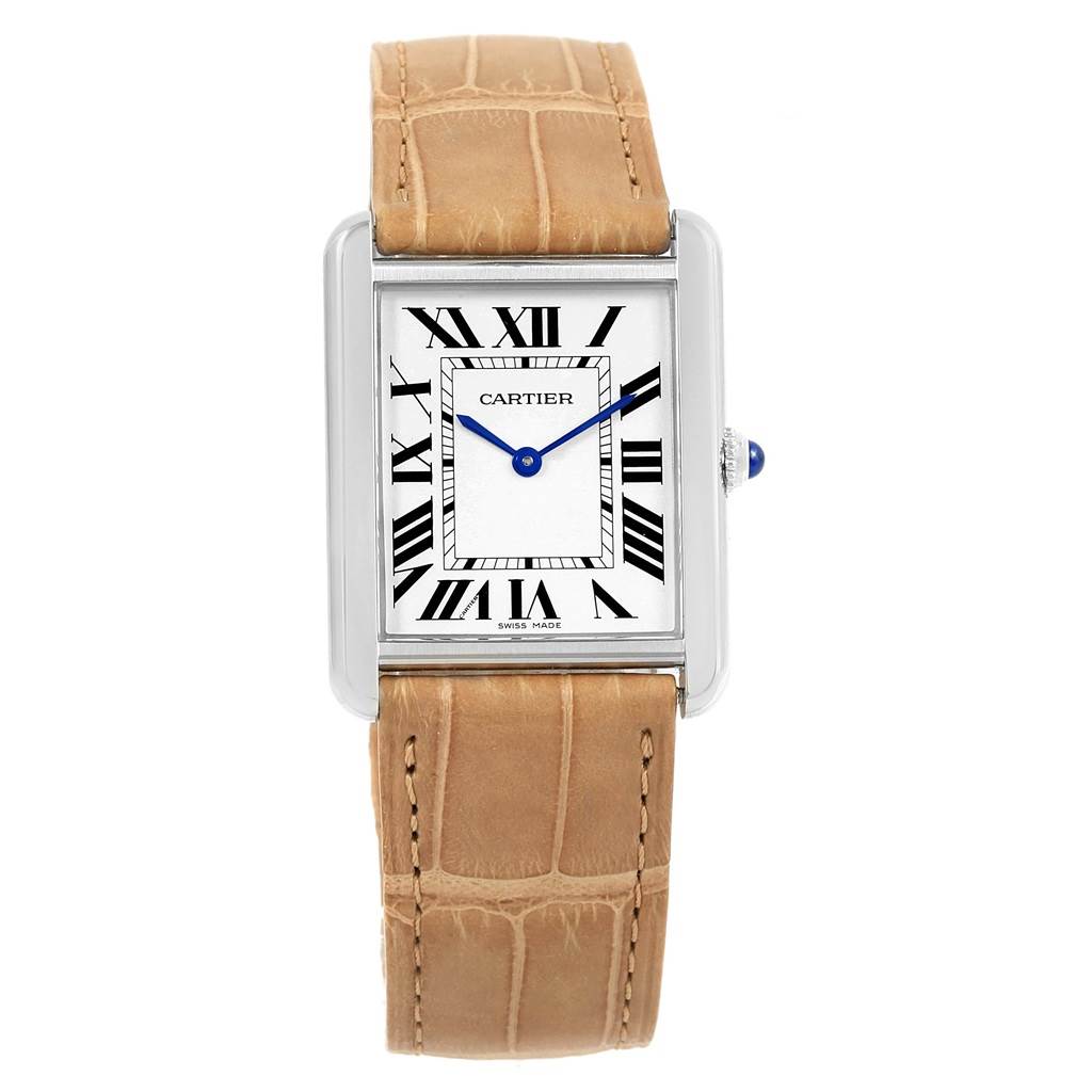 The image shows a Cartier Tank Solo W1018355 Stainless Steel Silver Dial W1018355 Stainless Steel Silver Dial watch from a front view, highlighting its face, dial, and strap.