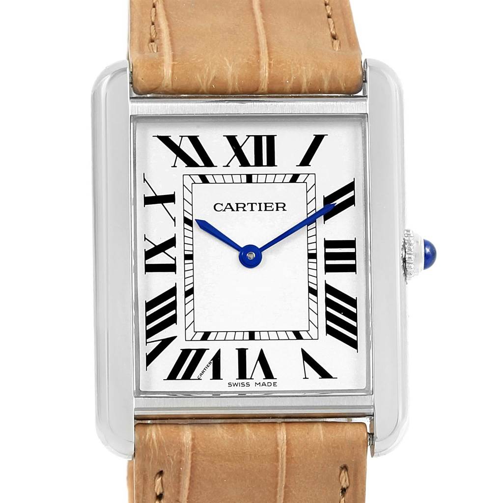 This image shows a front view of the Cartier Tank Solo W1018355 Stainless Steel Silver Dial W1018355 Stainless Steel Silver Dial watch with a tan leather strap and Roman numeral dial.