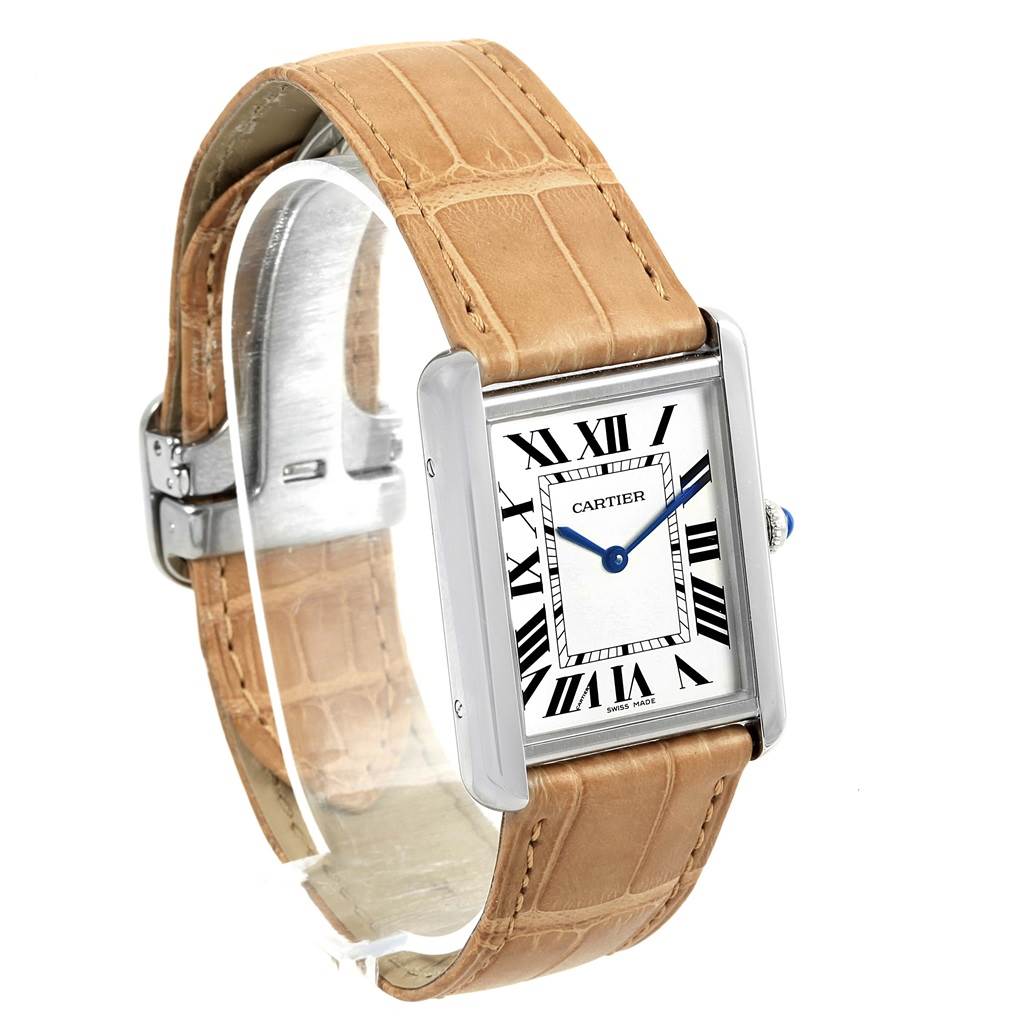 The image shows a front and slightly angled side view of the Cartier Tank Solo W1018355 Stainless Steel Silver Dial W1018355 Stainless Steel Silver Dial watch, including its leather strap and rectangular face.