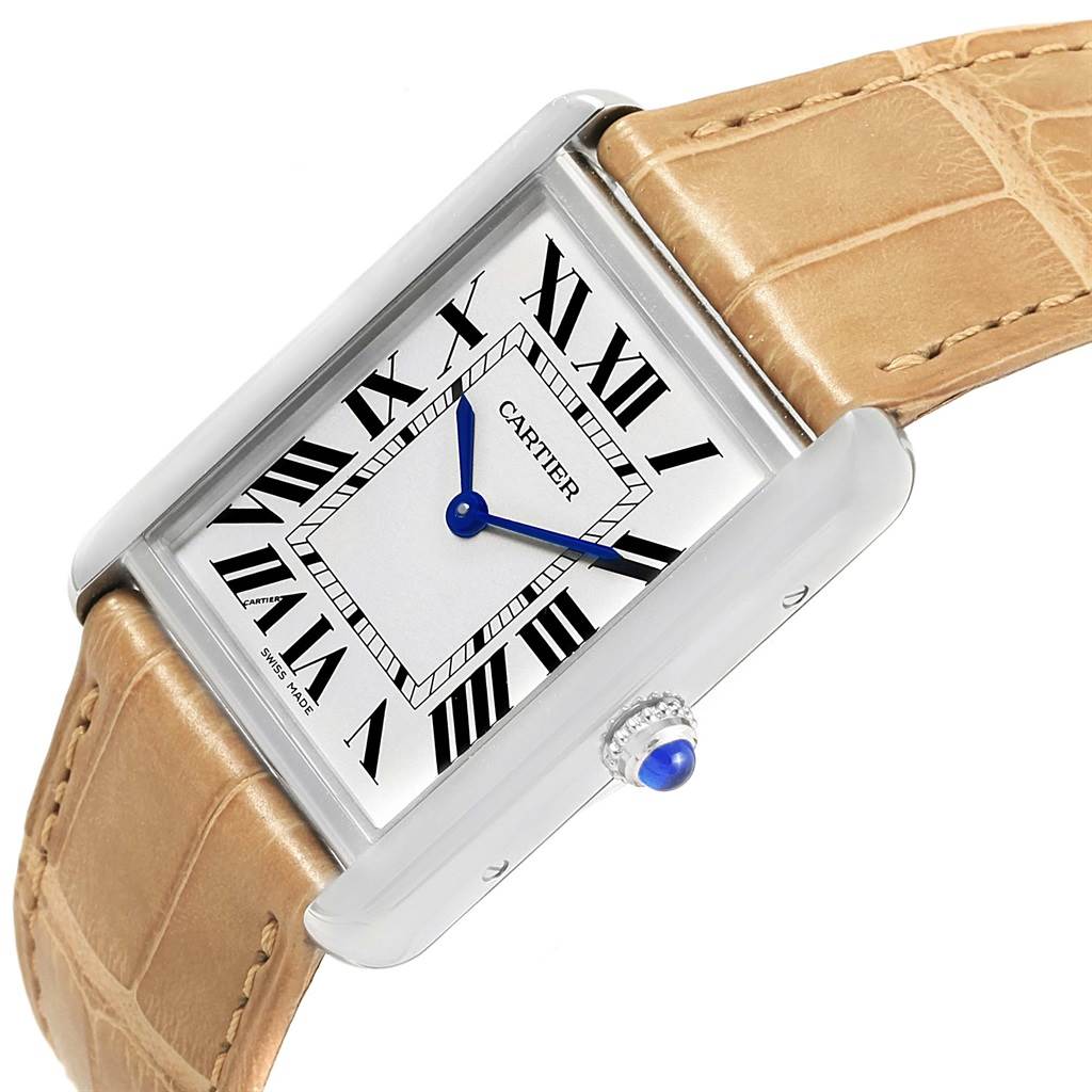 The image shows a close-up angled view of the Cartier Tank Solo W1018355 Stainless Steel Silver Dial W1018355 Stainless Steel Silver Dial watch face and beige leather strap.