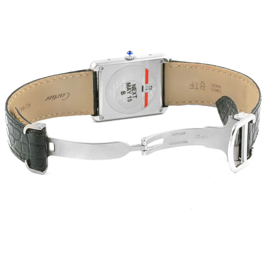 This image shows the back view of a Cartier Tank Solo W1018355 Stainless Steel Silver Dial W1018355 Stainless Steel Silver Dial watch, displaying the case, strap, and deployment clasp.