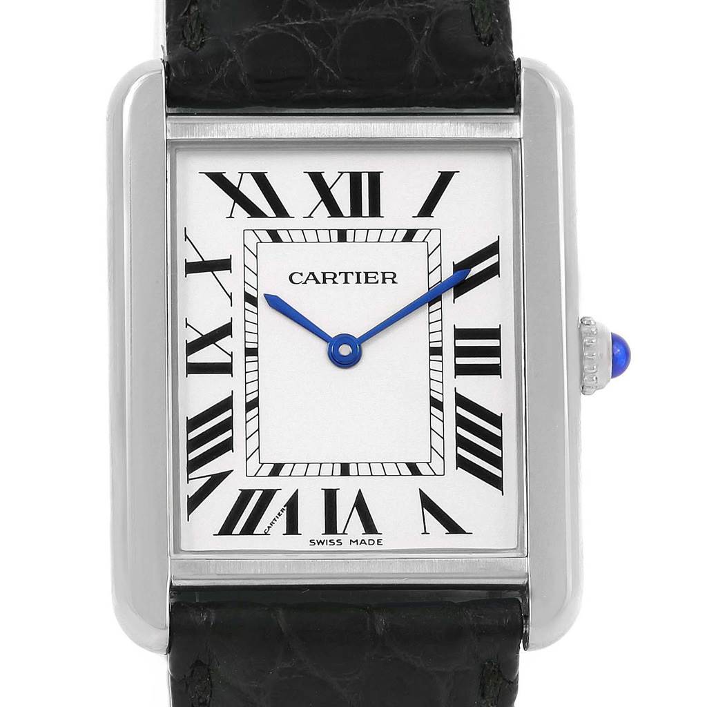 This image shows a front view of a Cartier Tank Solo W1018355 Stainless Steel Silver Dial W1018355 Stainless Steel Silver Dial watch, displaying the elegant face, Roman numerals, and blue hands.