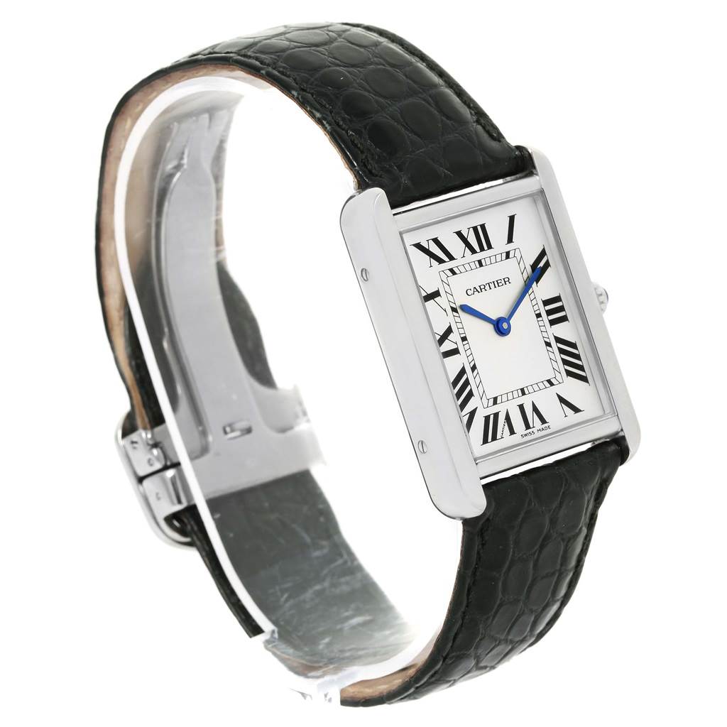This image shows a side and front view of the Cartier Tank Solo W1018355 Stainless Steel Silver Dial W1018355 Stainless Steel Silver Dial watch, displaying its rectangular face, leather strap, and clasp.