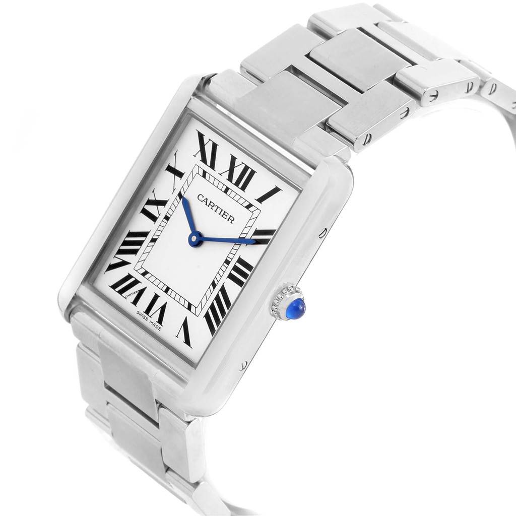 The image shows a Cartier Tank Solo W5200014 Stainless Steel Silver Dial W5200014 Stainless Steel Silver Dial watch at a slight angle, displaying its face, strap, and blue cabochon crown.