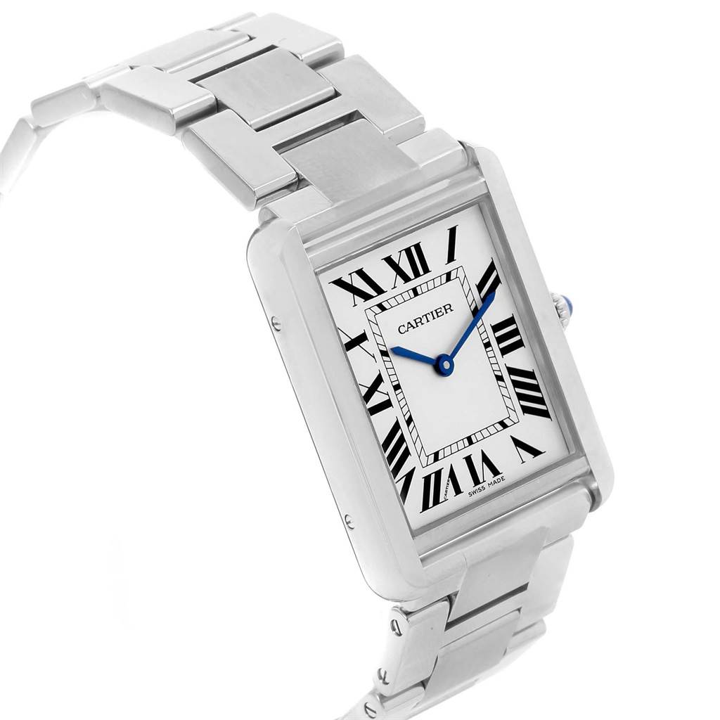 The image shows a Cartier Tank Solo W5200014 Stainless Steel Silver Dial W5200014 Stainless Steel Silver Dial watch at a slight angle, highlighting the face, Roman numerals, and part of the metal bracelet.