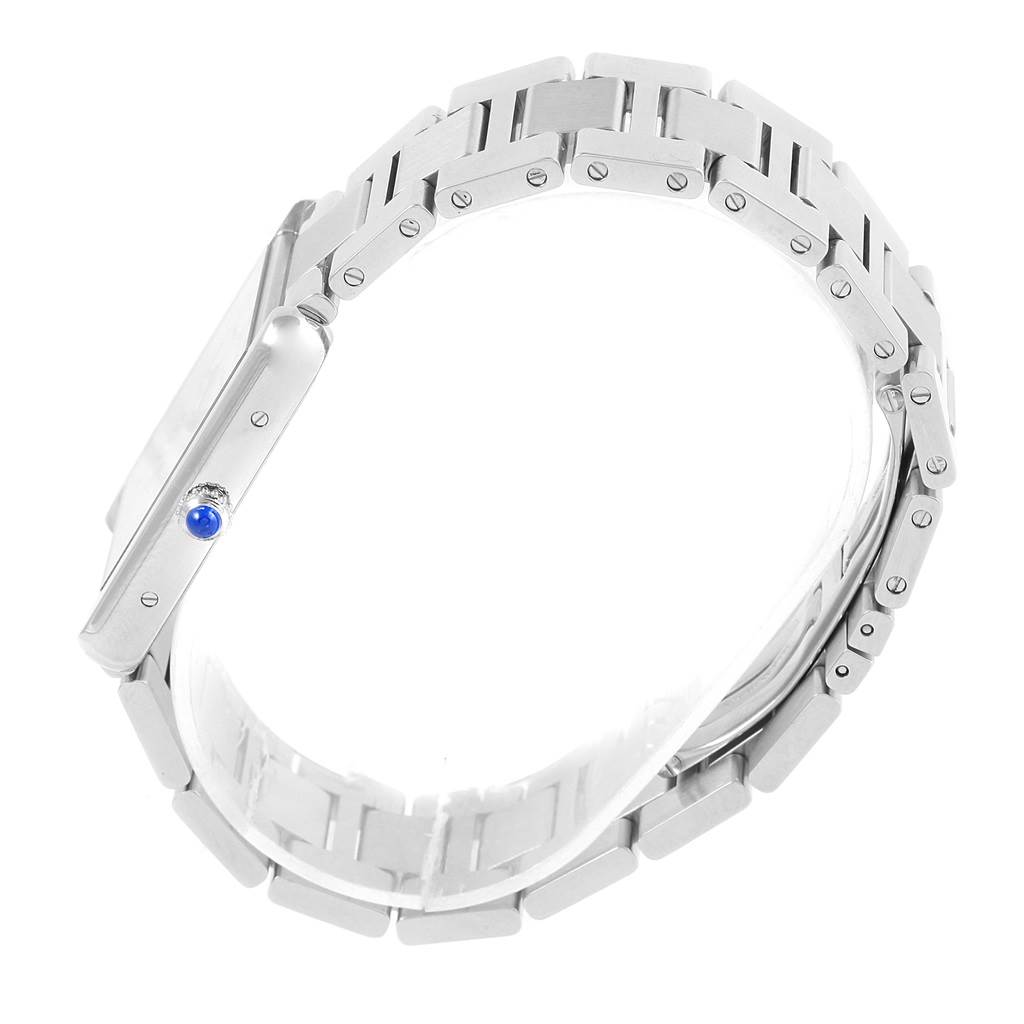 The image shows a side view of a Cartier Tank Solo W5200014 Stainless Steel Silver Dial W5200014 Stainless Steel Silver Dial watch, highlighting the crown and metal bracelet.