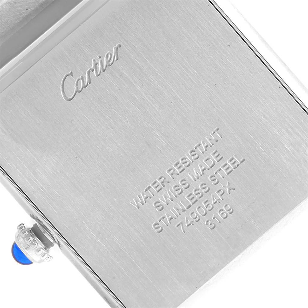 This image shows the back case of a Cartier Tank Solo W5200014 Stainless Steel Silver Dial W5200014 Stainless Steel Silver Dial watch, highlighting the brand
s engraving and water resistance details.