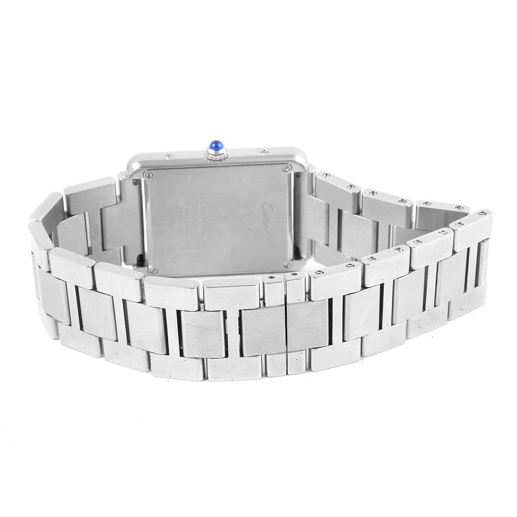 This image shows the back view of the Cartier Tank Solo W5200014 Stainless Steel Silver Dial W5200014 Stainless Steel Silver Dial model watch, highlighting its metal bracelet and case back.