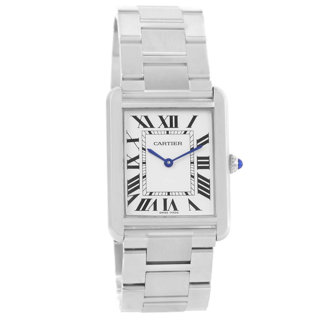 The image shows a front view of a Cartier Tank Solo W5200014 Stainless Steel Silver Dial W5200014 Stainless Steel Silver Dial watch, highlighting its rectangular face, Roman numerals, and metal bracelet.