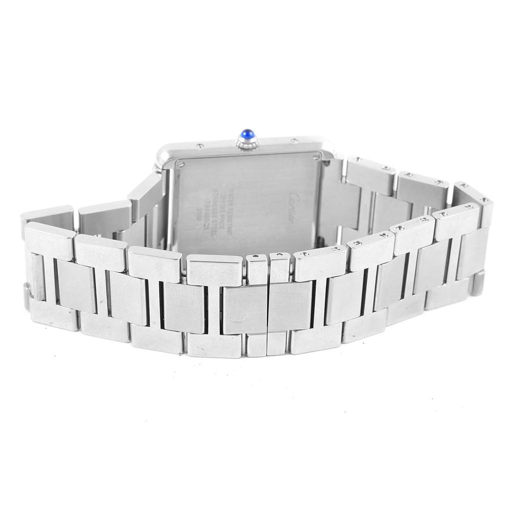 The image shows the back view and metal bracelet of a Cartier Tank Solo W5200014 Stainless Steel Silver Dial W5200014 Stainless Steel Silver Dial watch.