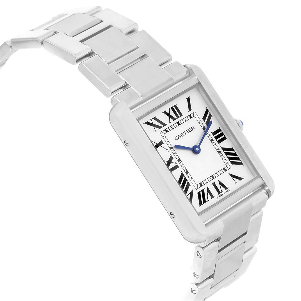 This image shows a Cartier Tank Solo W5200014 Stainless Steel Silver Dial W5200014 Stainless Steel Silver Dial watch at an angled view, highlighting its rectangular face, Roman numeral dial, and metal bracelet.