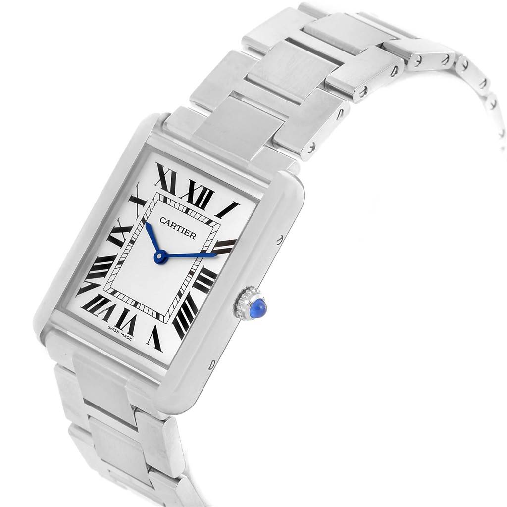 The image shows a side view of a Cartier Tank Solo W5200014 Stainless Steel Silver Dial W5200014 Stainless Steel Silver Dial watch focusing on the watch face, bracelet, and crown.