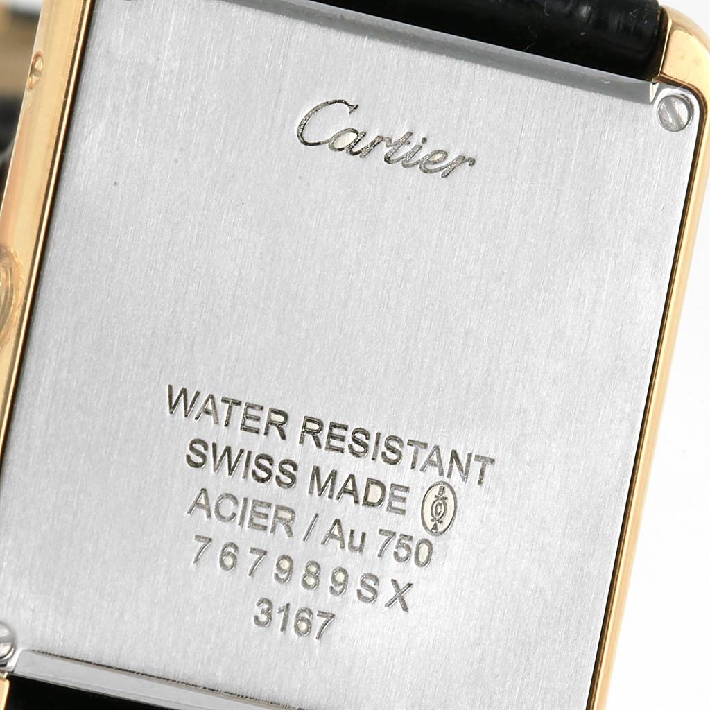 The image shows the back case of a Cartier Tank Solo W1018855 Steel and Gold (two tone) Silver Dial W1018855 Steel and Gold (two tone) Silver Dial watch, highlighting the brand, model, and specifications.