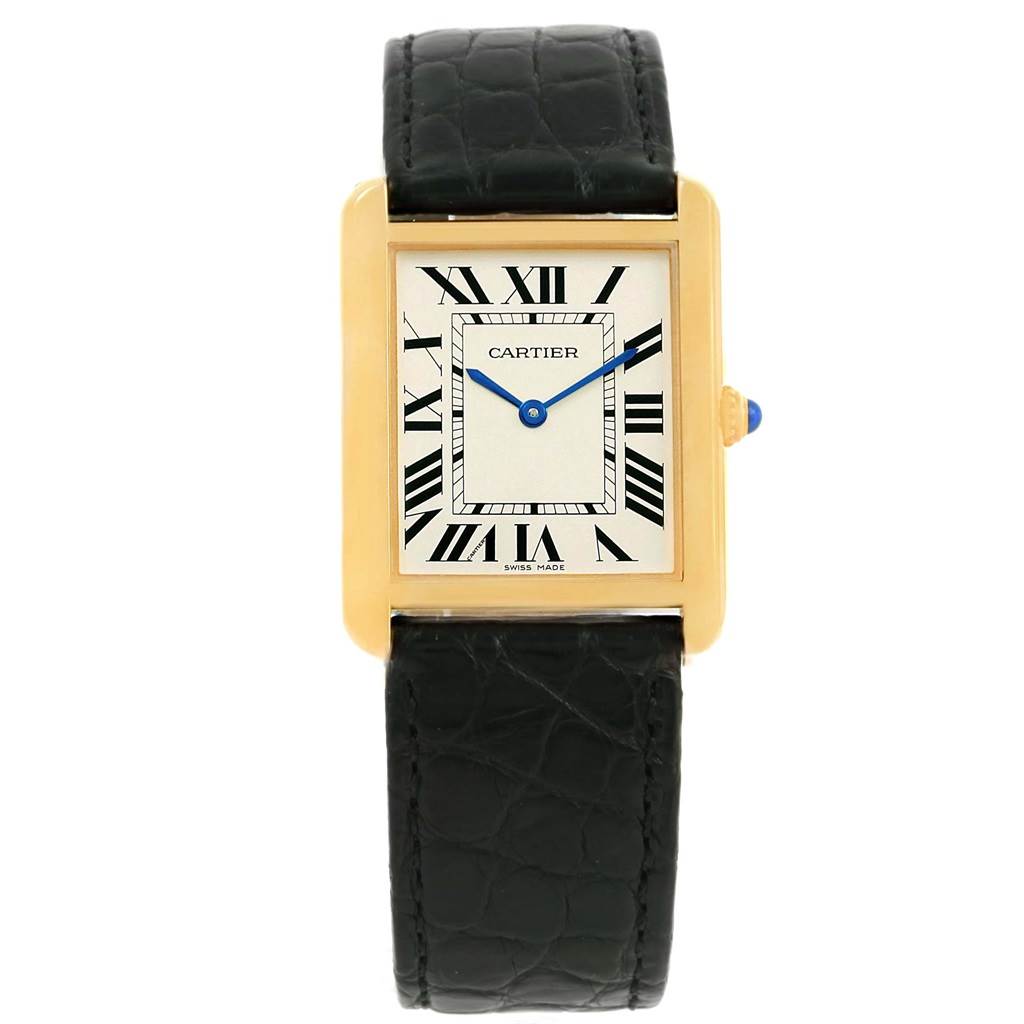 The image shows a front view of a Cartier Tank Solo W1018855 Steel and Gold (two tone) Silver Dial W1018855 Steel and Gold (two tone) Silver Dial watch with a gold case and a black leather strap.