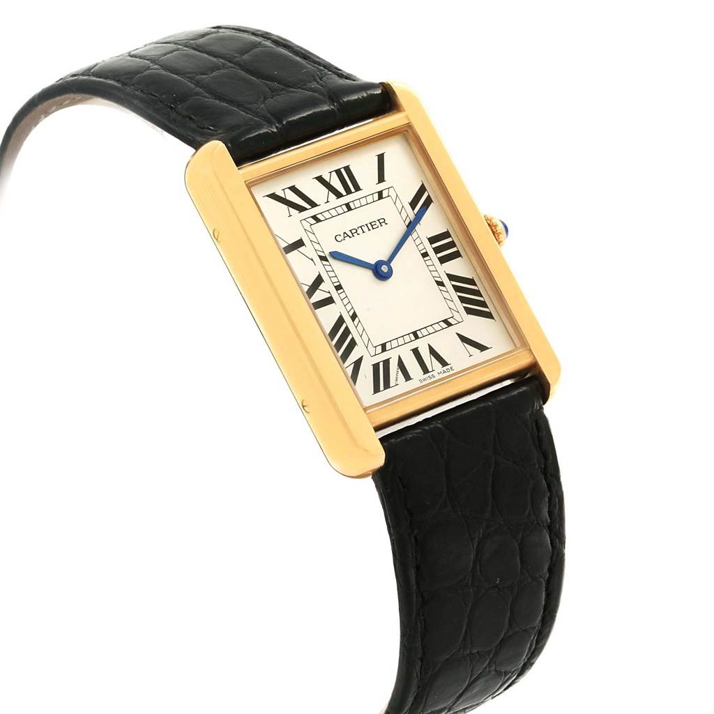 The image shows the front and right side of the Cartier Tank Solo W1018855 Steel and Gold (two tone) Silver Dial W1018855 Steel and Gold (two tone) Silver Dial watch, featuring a gold rectangular case and black leather strap.