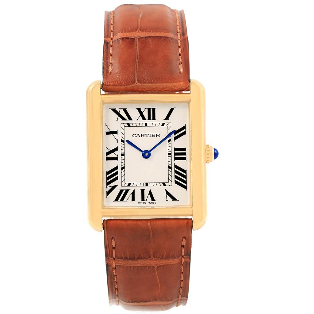 The image shows a Cartier Tank Solo W1018855 Steel and Gold (two tone) Silver Dial W1018855 Steel and Gold (two tone) Silver Dial watch from a front angle, highlighting the dial, Roman numerals, and leather strap.