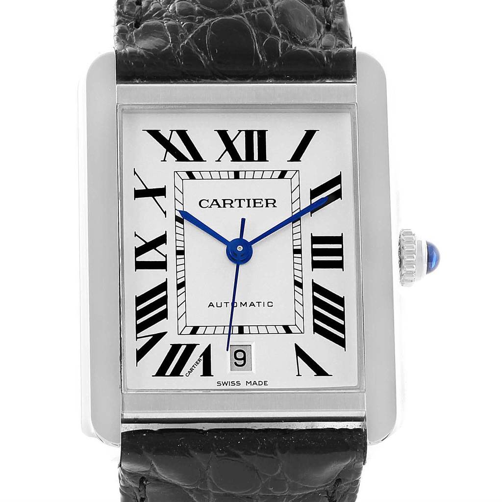 The image shows a front view of a Cartier Tank Solo W5200027 Men
s Stainless Steel Silver Dial W5200027 Men
s Stainless Steel Silver Dial watch, highlighting its rectangular face, blue hands, and black leather strap.