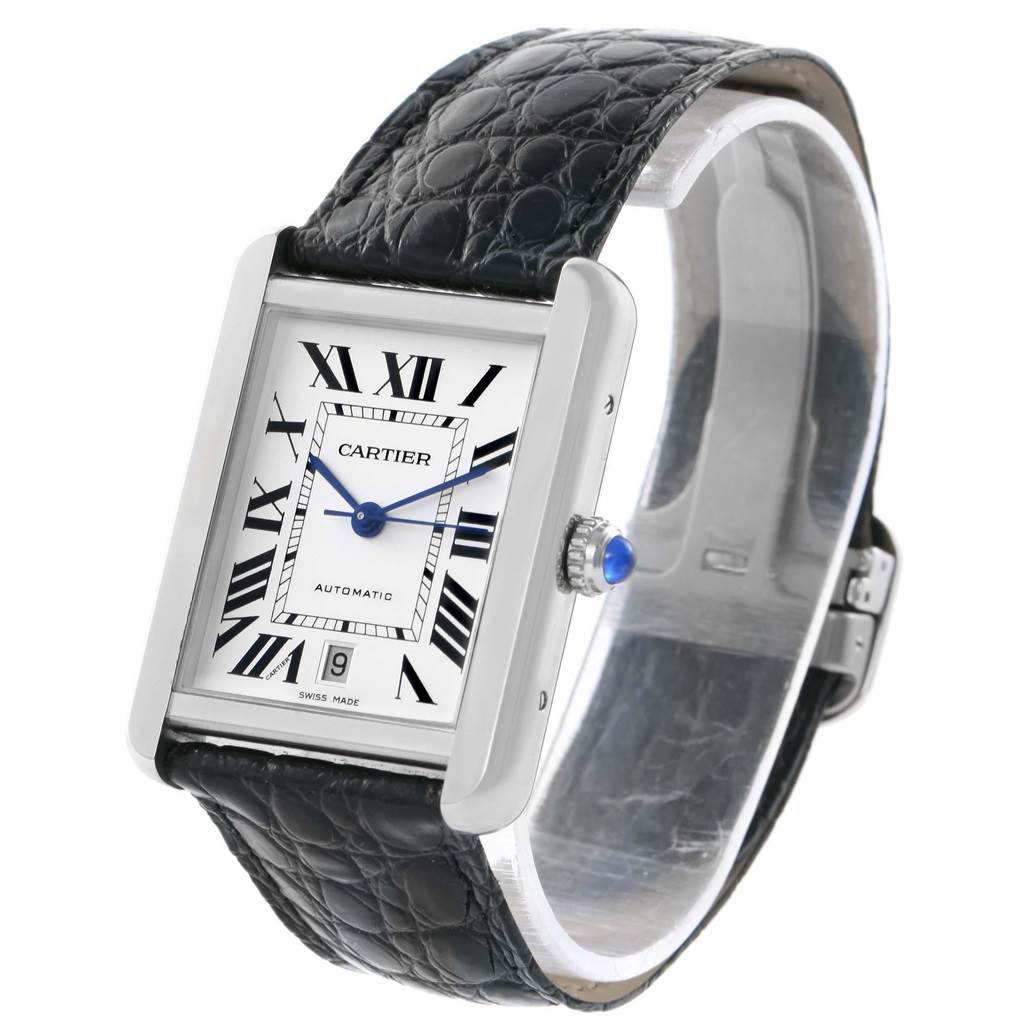 The image shows a Cartier Tank Solo W5200027 Men
s Stainless Steel Silver Dial W5200027 Men
s Stainless Steel Silver Dial watch from a front-angle, displaying the face, crown, and black leather strap.