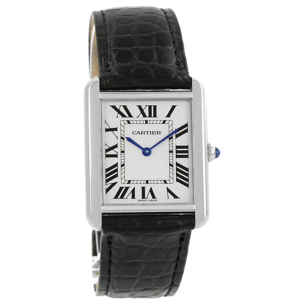 This image shows a front view of a Cartier Tank Solo W1018355 Men
s Stainless Steel Silver Dial W1018355 Men
s Stainless Steel Silver Dial watch, highlighting its rectangular dial, Roman numerals, and black leather strap.