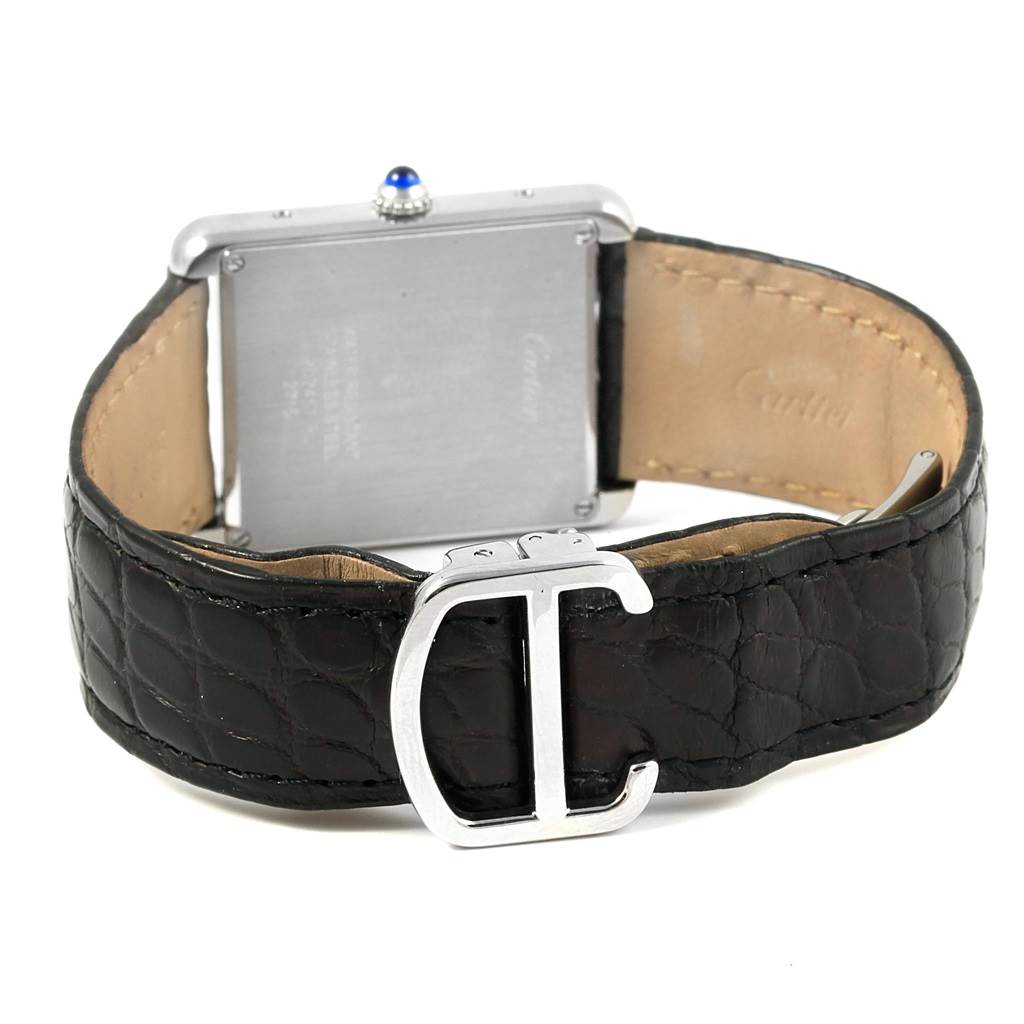 The image shows the back and strap of the Cartier Tank Solo W1018355 Men
s Stainless Steel Silver Dial W1018355 Men
s Stainless Steel Silver Dial watch, highlighting the buckle and case.
