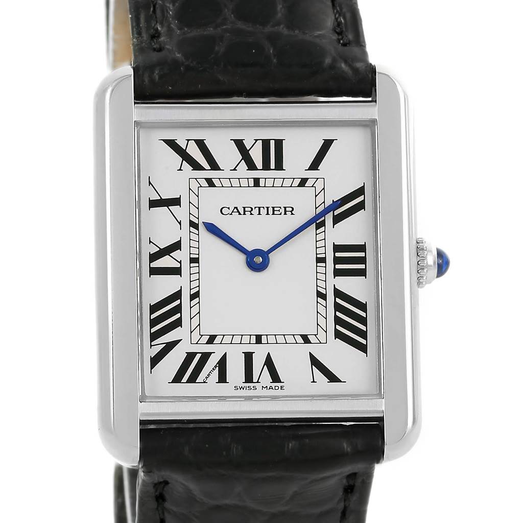 The image shows a front view of the Cartier Tank Solo W1018355 Men
s Stainless Steel Silver Dial W1018355 Men
s Stainless Steel Silver Dial watch, displaying its rectangular face, Roman numerals, and black leather strap.
