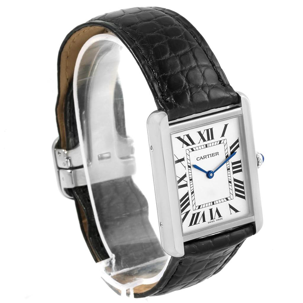 The image shows a Cartier Tank Solo W1018355 Men
s Stainless Steel Silver Dial W1018355 Men
s Stainless Steel Silver Dial watch at an angled front view, highlighting its rectangular face, black leather strap, and Roman numeral indices.