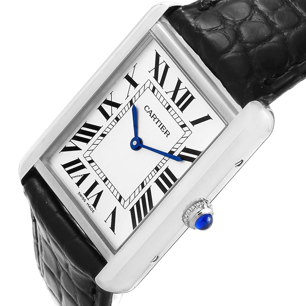 The Cartier Tank Solo W1018355 Men
s Stainless Steel Silver Dial W1018355 Men
s Stainless Steel Silver Dial watch is shown at an angle highlighting its face, crown, and part of the strap.