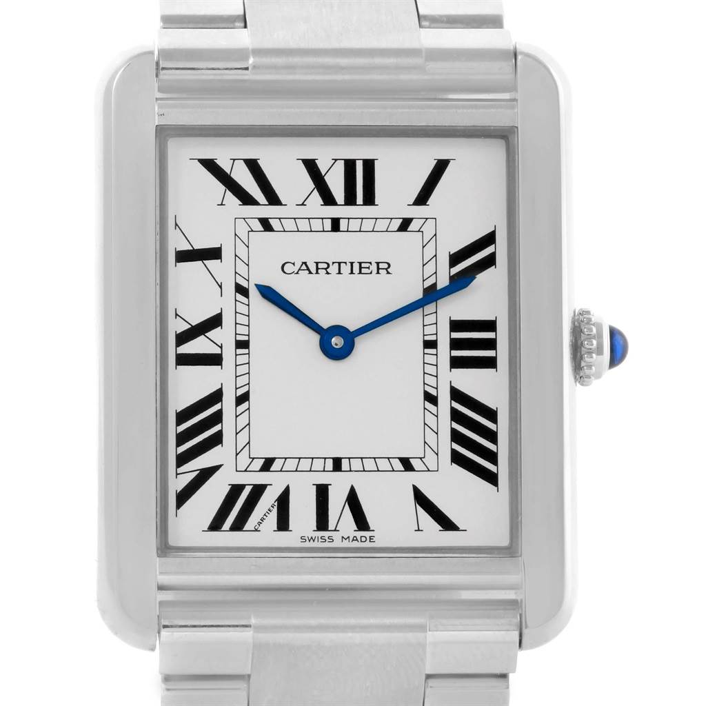 This image shows the front face and part of the bracelet of a Cartier Tank Solo W5200014 Men
s Stainless Steel Silver Dial W5200014 Men
s Stainless Steel Silver Dial watch.
