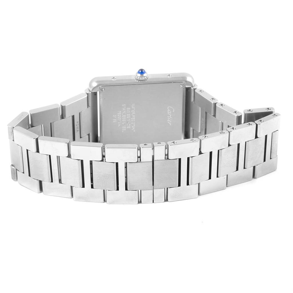 The image shows the back view of a Cartier Tank Solo W5200014 Men
s Stainless Steel Silver Dial W5200014 Men
s Stainless Steel Silver Dial watch, highlighting its stainless steel case and bracelet.