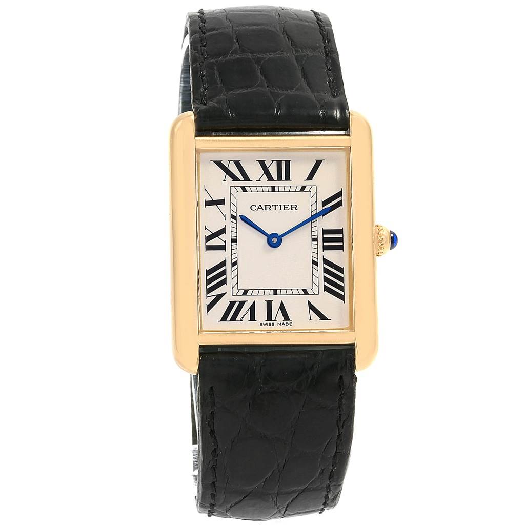 The image shows a front view of the Cartier Tank Solo W1018855 Steel and Gold (two tone) Silver Dial W1018855 Steel and Gold (two tone) Silver Dial watch, highlighting its rectangular face, Roman numerals, and black leather strap.