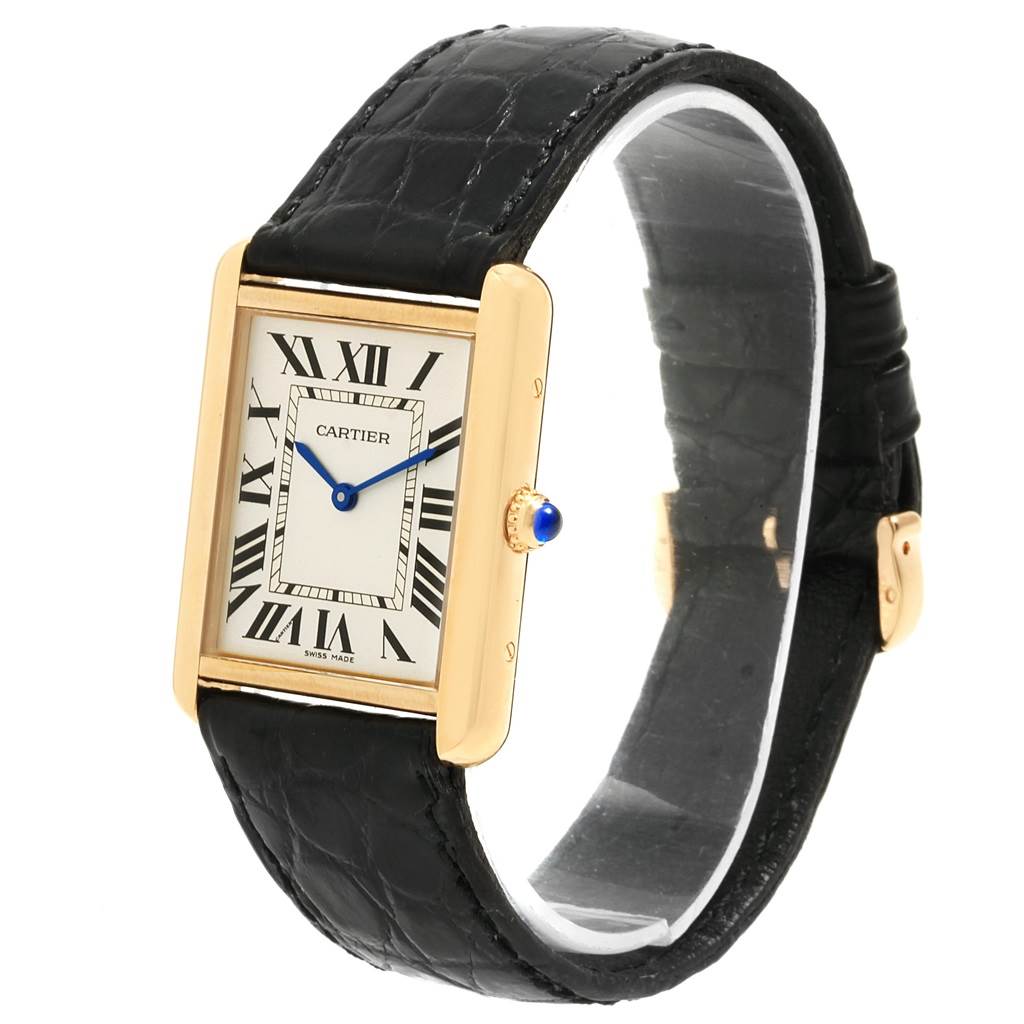 This image shows a Cartier Tank Solo W1018855 Steel and Gold (two tone) Silver Dial W1018855 Steel and Gold (two tone) Silver Dial watch at an angled side view, highlighting the face, strap, and crown.