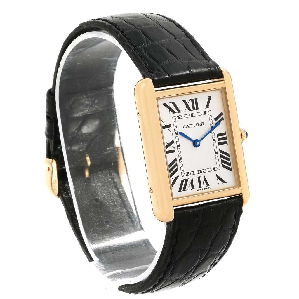 The image shows a Cartier Tank Solo W1018855 Steel and Gold (two tone) Silver Dial W1018855 Steel and Gold (two tone) Silver Dial watch at an angle, displaying the face, leather strap, and part of the side view.