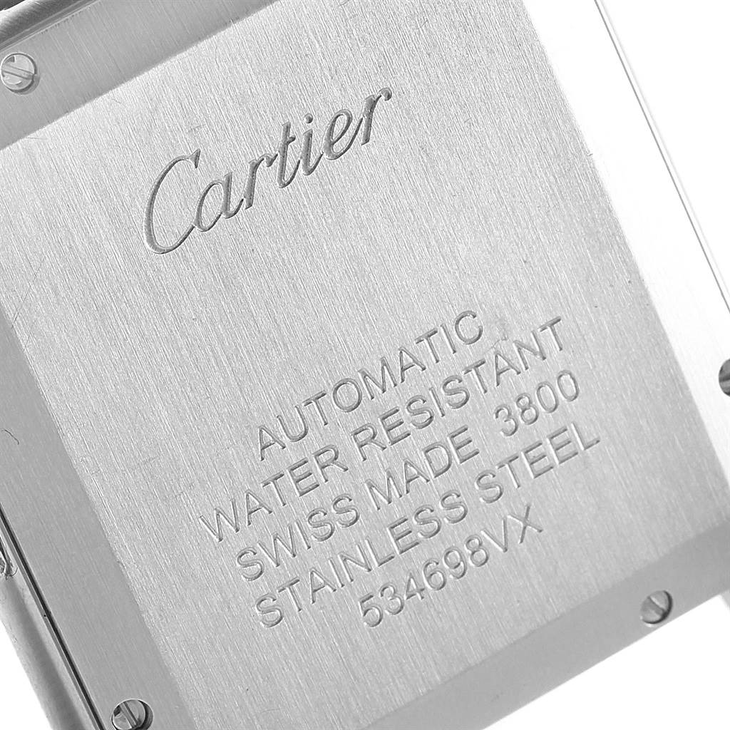 This image shows the stainless steel case back of a Cartier Tank Solo W5200028 Men
s Stainless Steel Silver Dial W5200028 Men
s Stainless Steel Silver Dial watch, displaying its specifications.