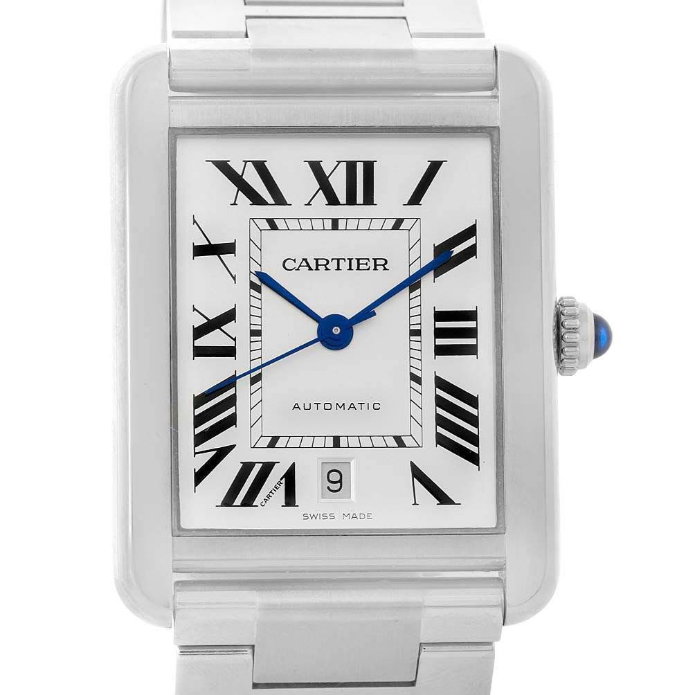 The image shows a close-up of the Cartier Tank Solo W5200028 Men
s Stainless Steel Silver Dial W5200028 Men
s Stainless Steel Silver Dial watch face, including the bezel, crown, and part of the bracelet.