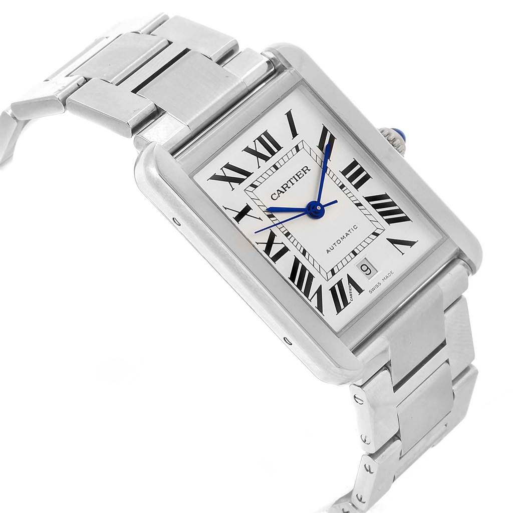 The image shows a Tank Solo watch by Cartier from a side angle, highlighting the face, metal strap, and crown.