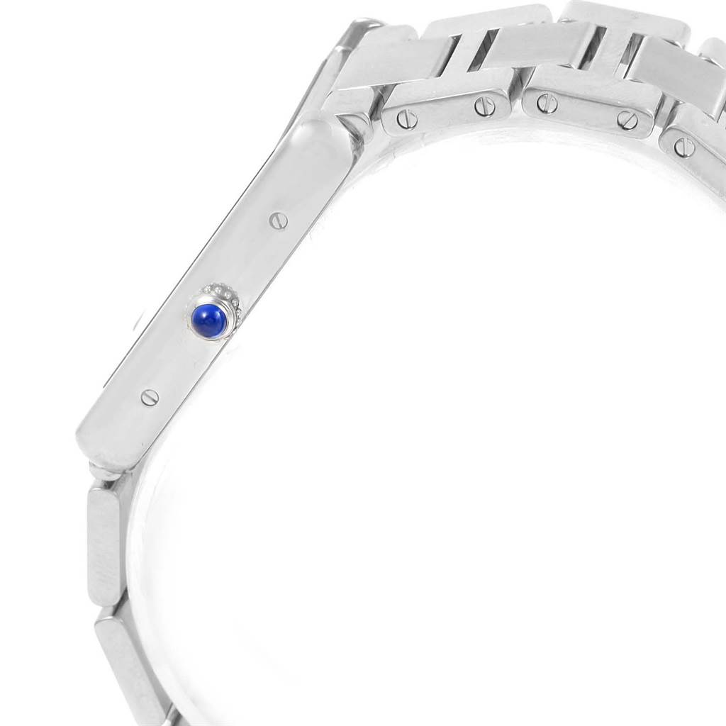 This image shows a side view of the Cartier Tank Solo W5200014 Men
s Stainless Steel Silver Dial W5200014 Men
s Stainless Steel Silver Dial watch, highlighting its metal bracelet and blue cabochon crown.