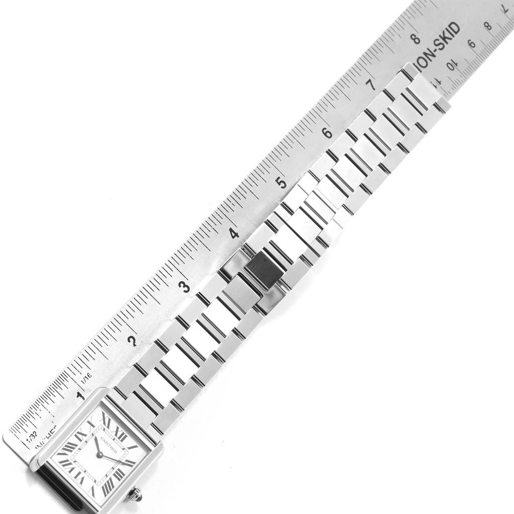The image shows the front face and metal bracelet of a Cartier Tank Solo W5200014 Men
s Stainless Steel Silver Dial W5200014 Men
s Stainless Steel Silver Dial watch, measured alongside a ruler.