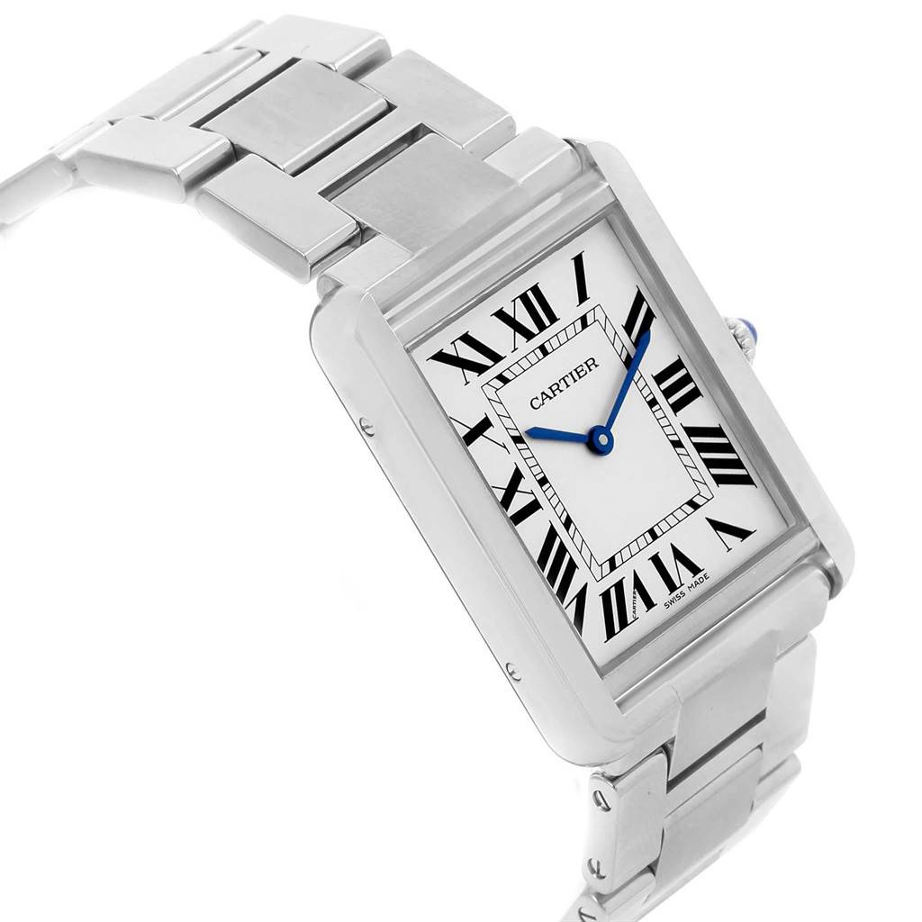 The image shows a close-up of the Cartier Tank Solo W5200014 Men
s Stainless Steel Silver Dial W5200014 Men
s Stainless Steel Silver Dial watch from a slight side angle, highlighting its face, bracelet, and rectangular case.