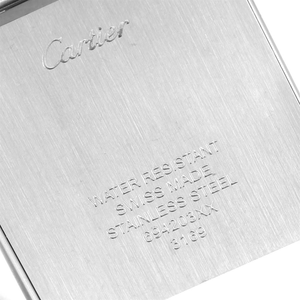 This image shows the back plate of a Cartier Tank Solo W5200014 Men
s Stainless Steel Silver Dial W5200014 Men
s Stainless Steel Silver Dial watch, highlighting engraving details.
