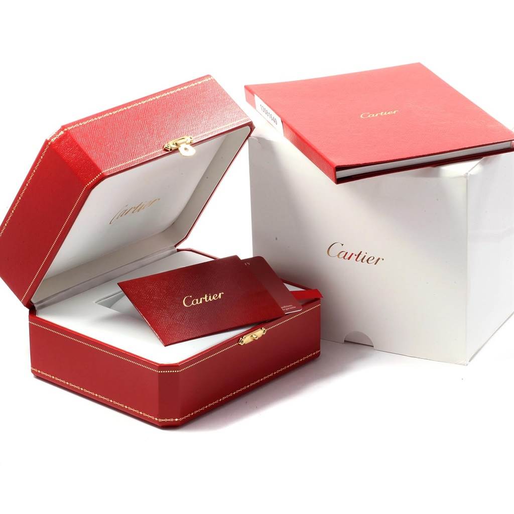 The image shows the packaging, box, and documentation for the Cartier Tank Solo W5200014 Men
s Stainless Steel Silver Dial W5200014 Men
s Stainless Steel Silver Dial watch.