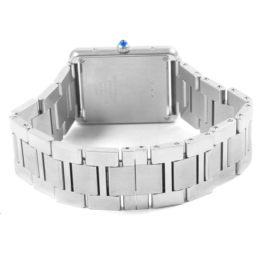 The image shows the back and bracelet of the Cartier Tank Solo W5200014 Men
s Stainless Steel Silver Dial W5200014 Men
s Stainless Steel Silver Dial watch, highlighting its metal band and case.