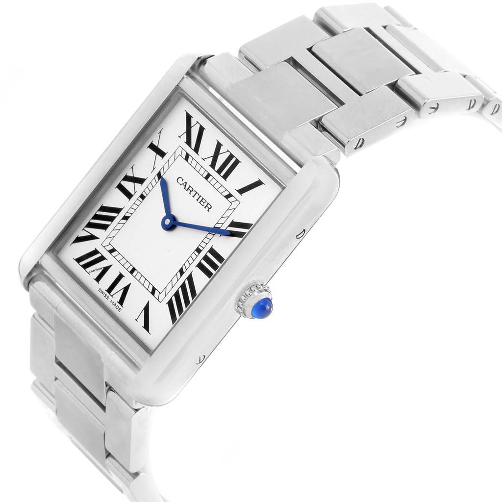 The image shows a three-quarter angled view of the Cartier Tank Solo W5200014 Men
s Stainless Steel Silver Dial W5200014 Men
s Stainless Steel Silver Dial watch, displaying the face, crown, and metal bracelet.