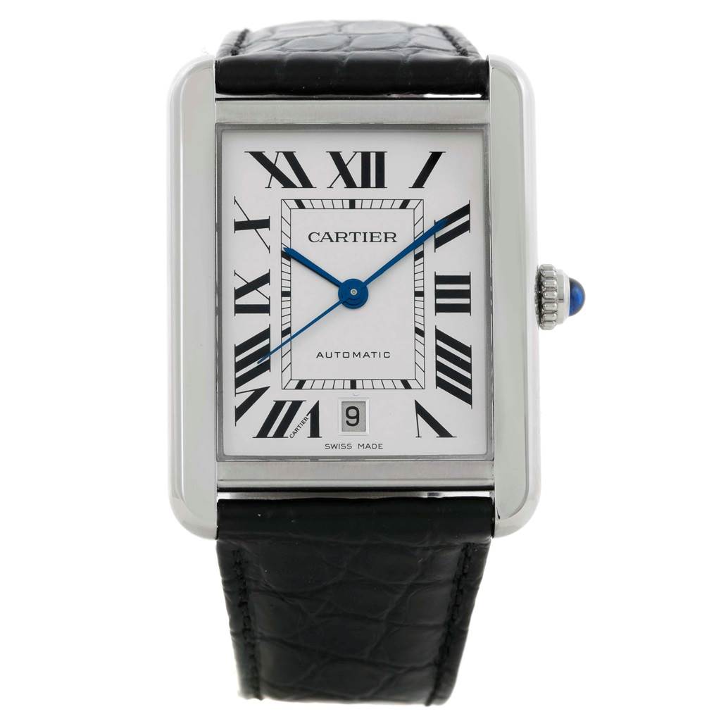 The image shows a frontal view of the Cartier Tank Solo W5200027 Men
s Stainless Steel Silver Dial W5200027 Men
s Stainless Steel Silver Dial watch, displaying its face, blue hands, and black leather strap.