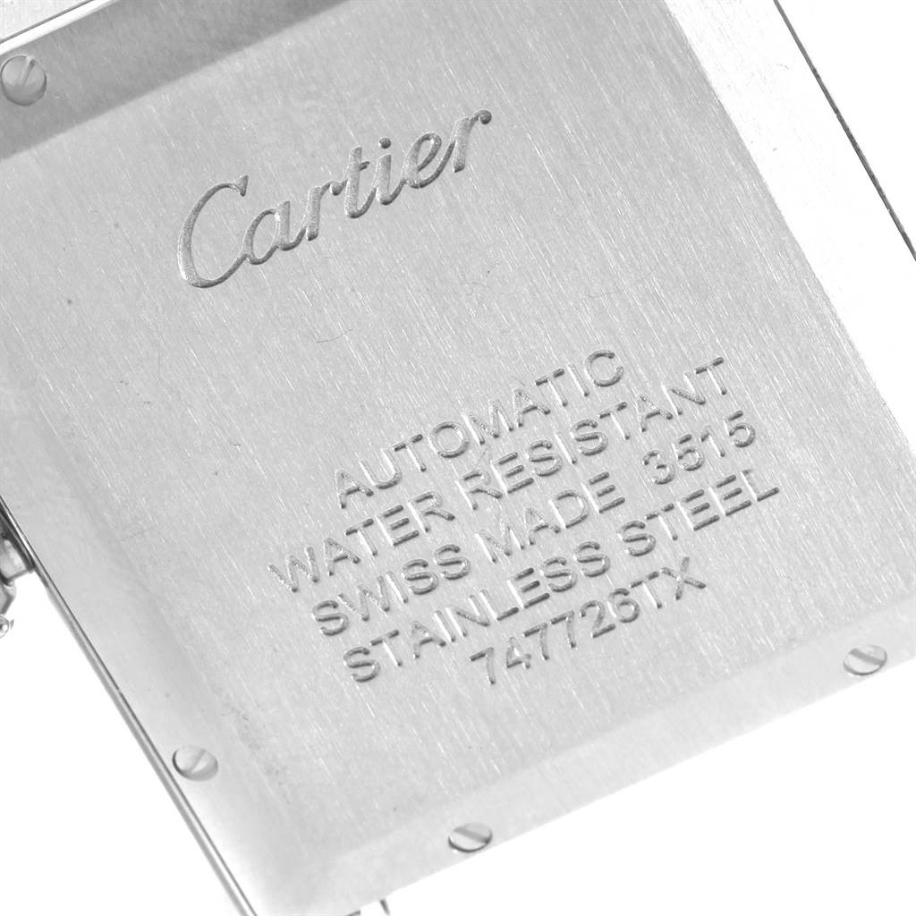 The image shows the back case of a Cartier Tank Solo W5200027 Men
s Stainless Steel Silver Dial W5200027 Men
s Stainless Steel Silver Dial watch, highlighting its specifications and engraving.