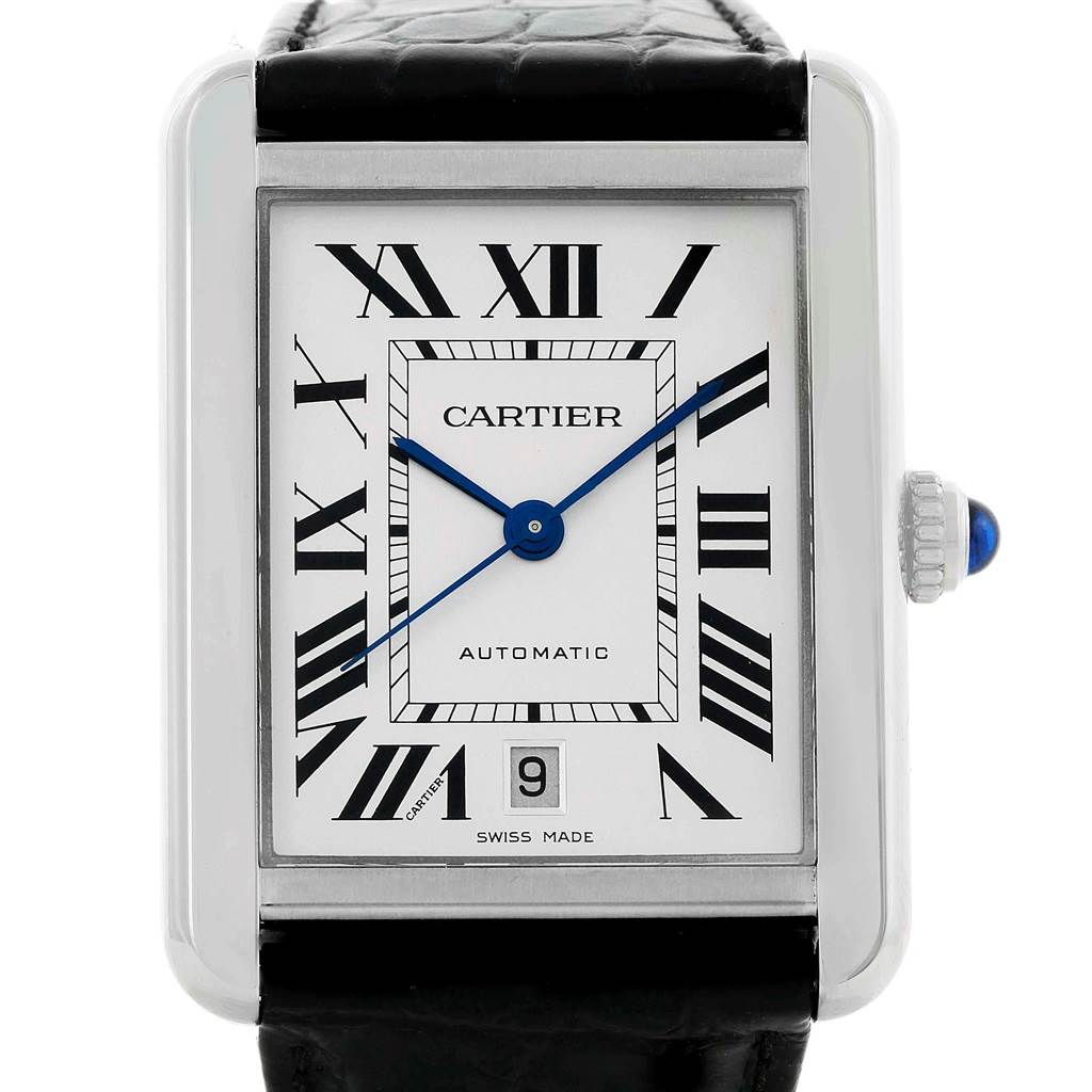 This image shows a front view of the dial and part of the strap of a Cartier Tank Solo W5200027 Men
s Stainless Steel Silver Dial W5200027 Men
s Stainless Steel Silver Dial watch.