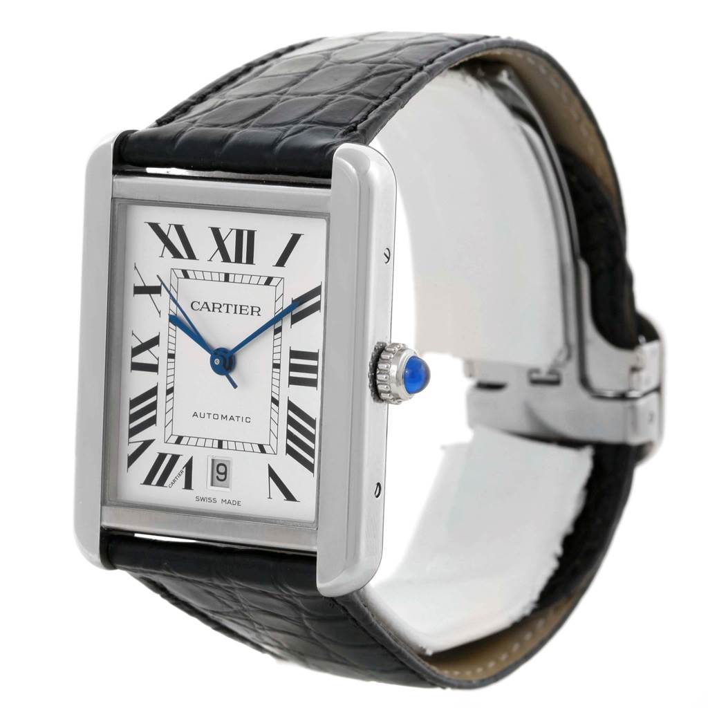 The image shows a side angle of a Cartier Tank Solo W5200027 Men
s Stainless Steel Silver Dial W5200027 Men
s Stainless Steel Silver Dial watch, highlighting its rectangular face, blue hands, crown, and black leather strap.