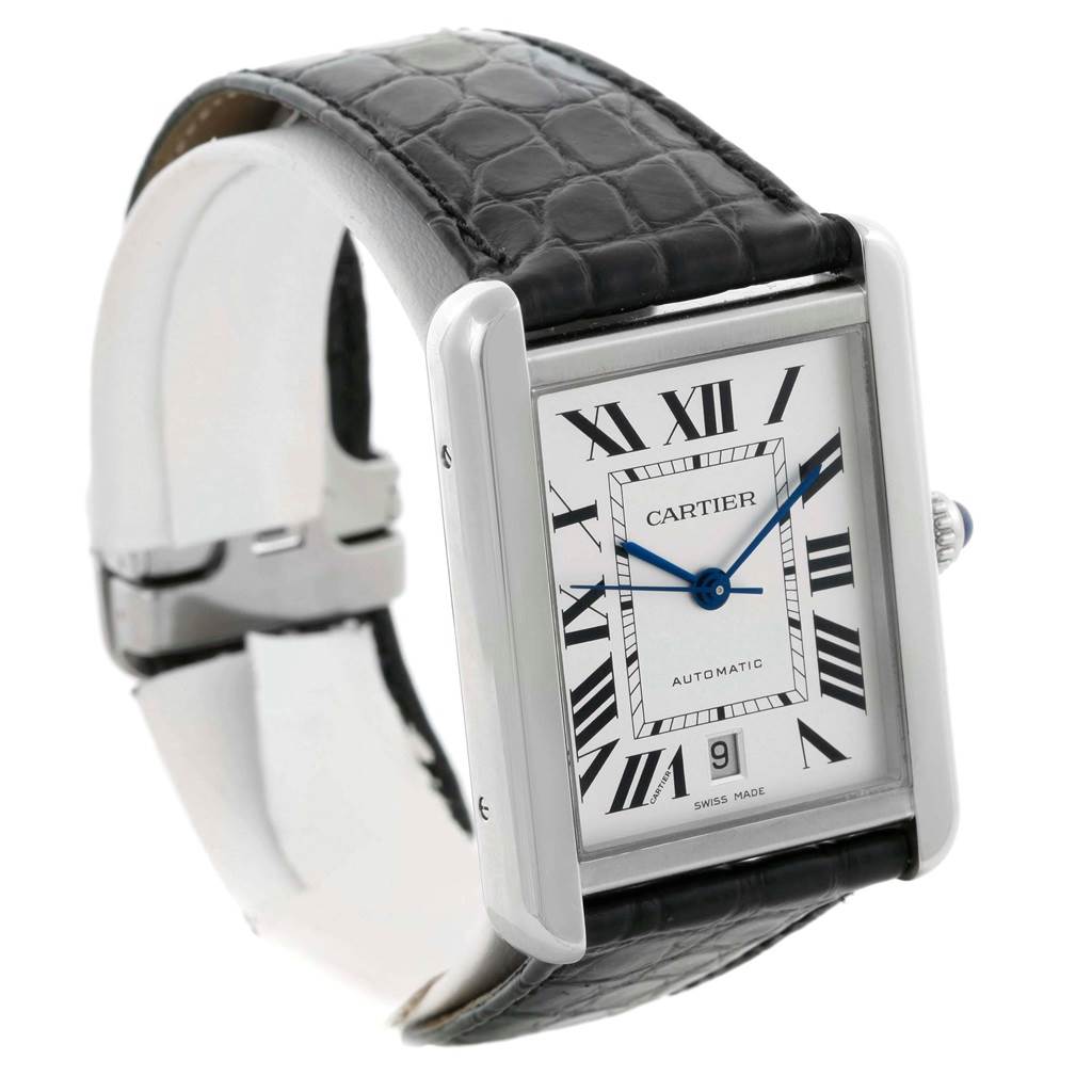 This image shows a Cartier Tank Solo W5200027 Men
s Stainless Steel Silver Dial W5200027 Men
s Stainless Steel Silver Dial watch at a front angle, highlighting its rectangular dial, Roman numerals, blue hands, and black leather strap.