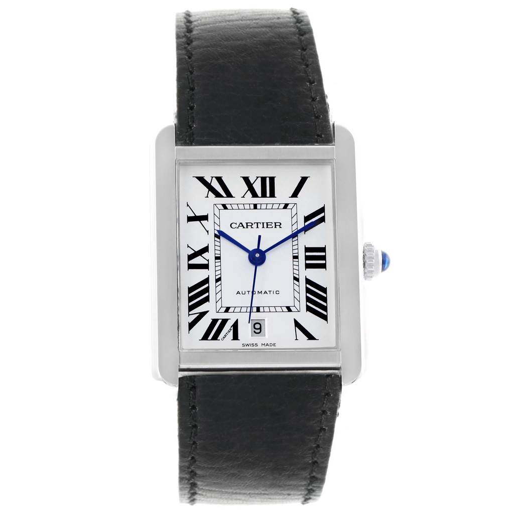 This image shows a Cartier Tank Solo W5200027 Men
s Stainless Steel Silver Dial W5200027 Men
s Stainless Steel Silver Dial watch front angle, displaying its rectangular face, Roman numerals, date window, and leather strap.